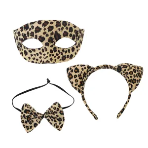 Ensemble de costume léopard avec masque demi visage serre tête oreilles de chat et nœud