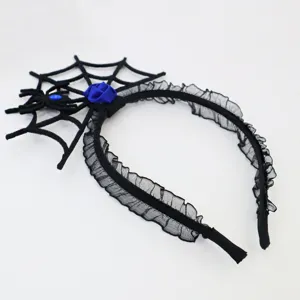 Halloween schwarzer Spinnennetz Haarreif mit blauer Rose und Spitze für Party Kostüm