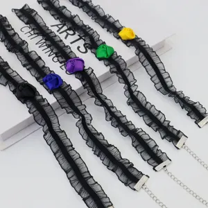 Schwarze spitze choker halskette set mit bunten rosen blumen für gothic party schmuck