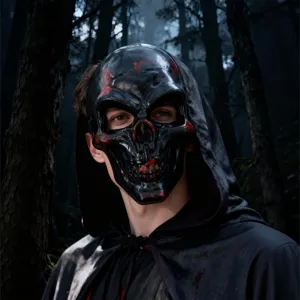 Detailed view of the Halloween skull mask with bloody paint and black hooded cloak, creepy.