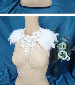 Witte veren kanten sjaal gotische cosplay lichaamsketting masquerade podium kostuum detail