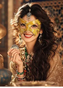 Close-up detail of a glamorous gold masquerade mask worn by a model with ornate jewelry.
