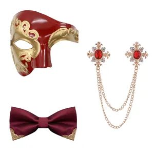 Maskenball Set mit rotgoldener Maske, Fliege und doppelter Ketten Strass Brosche für Party.