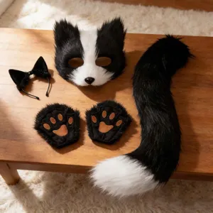 Black and white cat costume set with furry mask, tail, gloves and ears for cosplay.
