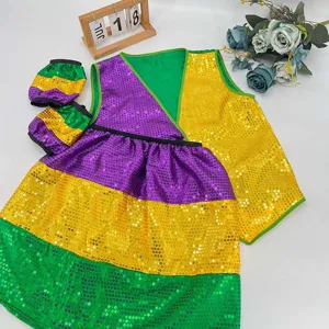 Mardi Gras carnival sequin costume set with vest skirt and cuffs in gold green and purple.
