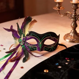 Prunkvolle Karneval Maske Damen Lila Gold Grün Glitzer Federn Maskenball Kostüm Party