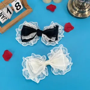 Cute sweet Lolita style lace bow hair clips, elegant black and white hair accessories.