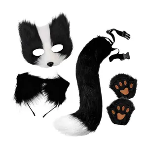 Halloween cat costume set plush mask tail paws headband animal cosplay party dress props