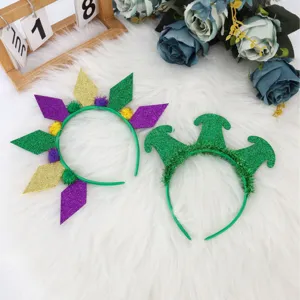 Carnival party headbands set, green and purple glitter festival hair hoops for masquerade dress up.