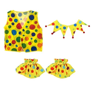 Colorful polka dot clown costume set including vest, collar and wrist cuffs for party.