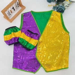 Brazilian Carnival sequin vest and sleeves costume set, gold green and purple party outfit.