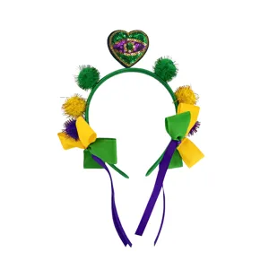 Festlicher Karneval Pompon Haarreif mit bunten Bändern und Paillettenherz für Partyfeier.