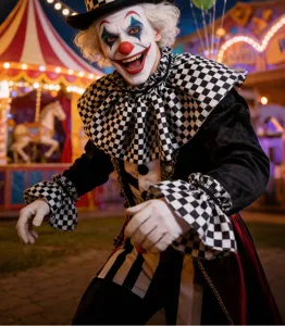 Zwart-wit schaakbord clown kostuum set met grote geruffelde kraag en passende mouwen.