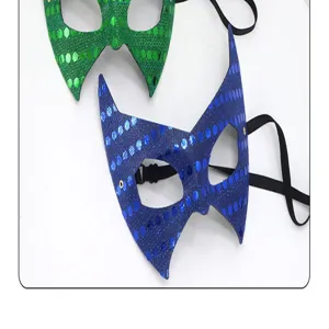 Detail view of sequined half face party masks with elastic straps for Halloween costume events.