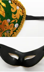 Halloween masquerade half gezicht masker detail, flanellen stof met goud rand en pailletten.