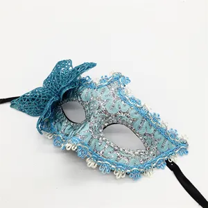 Blue lace masquerade mask with side bow Venetian half face party eye mask for women