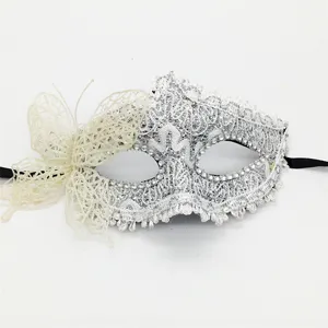 Silver lace masquerade mask with side butterfly rhinestones for party Halloween costume eye mask
