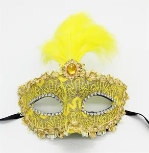 Exquisita máscara de mascarada amarilla con plumas diamantes para accesorio de fiesta