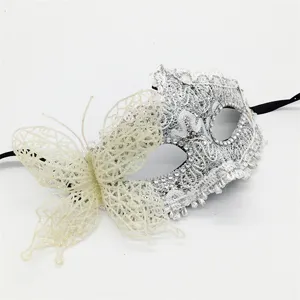 Silver lace masquerade mask with 3D butterfly for party, Halloween, and costume balls.