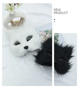 Maschera di volpe in peluche lunga Halloween mezza faccia gatto cosplay festa dettaglio