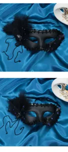 Elegante maschera da ballo in maschera nera con piume, strass brillanti e catene delicate.