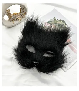 Maschera di gatto volpe in peluche a pelo lungo di Halloween mezza faccia festa costume oggetti