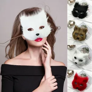 Maschera da Volpe a Pelo Lungo in Ecopelliccia per Halloween Maschera da Gatto a Metà Viso Cosplay Decorazione Costume Animale