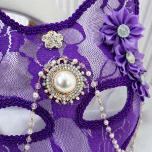 Maschera gatto in pizzo viola metà viso ballo in maschera strass perla festa costume