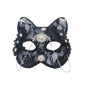 Squisita maschera da gatto in pizzo nero con perle e strass per feste e cosplay fantastici.