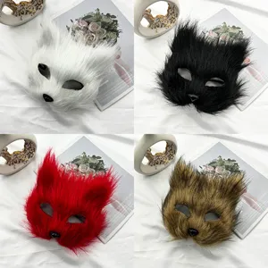 Maschera da volpe in peluche di Halloween maschera di gatto mezzo viso pelo lungo cosplay.