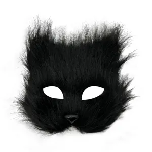 Maschera animale nera soffice mezza faccia gatto volpe peluche per festa di Halloween.