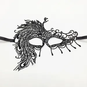 Detailaufnahme der eleganten schwarzen Spitzenmaske mit filigranem Pfauenfederdesign.
