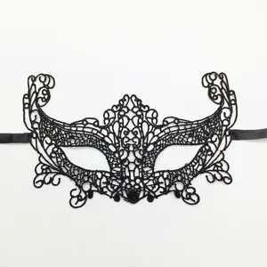 Nahaufnahme der filigranen schwarzen Spitzenmaske, die zarte Hohlmuster und Textur zeigt.
