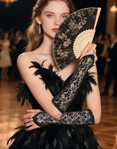 Detail shot of black lace mesh long sleeves and elegant folding fan in banquet scene.