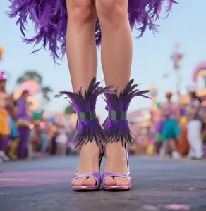 Close up detail of purple feather ankle cuffs and high heels worn at carnival parade event.