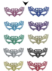Vue de détail rapprochée de masques vénitiens à paillettes dentelle coloris multiples.