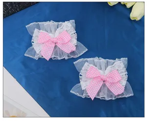 Polsini in pizzo stile Lolita con fiocco a quadri rosa dolce accessori di abbigliamento