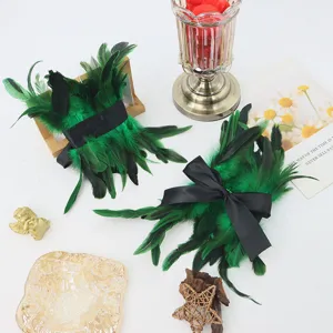 Halloween green feather leg cuffs black ribbon anklets masquerade costume party accessories.