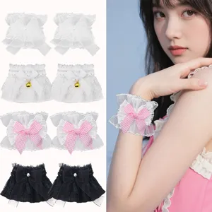 Polsini con Fiocco in Pizzo Lolita Dolce Bracciale con Volant in Rete Eleganti Polsini con Perle Artificiali e Campanello per Accessori per Costumi da Cosplay da Donna