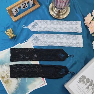 Women Sexy Lace Mesh Arm Sleeves With Finger Loop Rhinestone Artificial Pearl Wedding Party Stage Performance Accessory