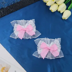 Lolita dolce pizzo bianco fiocco quadretti rosa polso manicotti rete braccialetto accessori