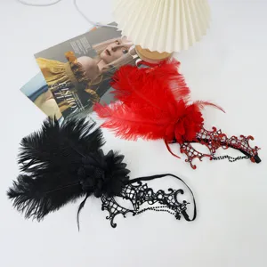 Set maschera in pizzo con piume di Halloween, sexy maschera per feste con fiori e catena.