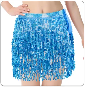 Close-up detail of vibrant blue sequin fringe belly dance hip scarf showing multi-layered beads.