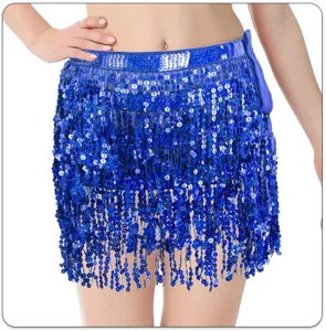 Royal blue sequin belly dance hip scarf fringe skirt detail showing multi-layer bead fringe.