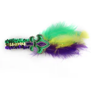 Karneval Pailletten Feder Stirnband in Gruen Gold und Lila fuer Party Festival Feier