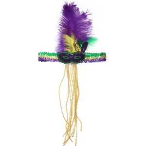 Diadema de plumas de carnaval Mardi Gras con plumas de avestruz y perlas oro