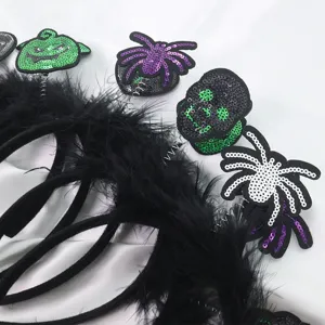 Diademas de Halloween con plumas negras y adornos de calabaza y araña con lentejuelas