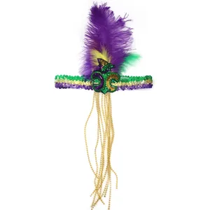 Buntes Faschings-Stirnband mit lila Federn, Goldperlen und dekorativem Lilien-Motiv.