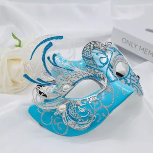 Elegant blue silver swan masquerade mask for Halloween party, half face ball costume prop.