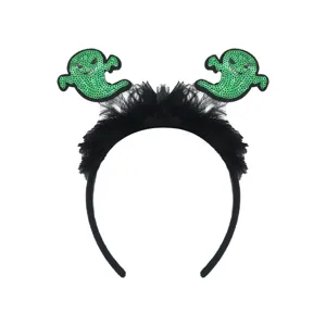 Diadema negra de Halloween con plumas y divertidos fantasmas de lentejuelas verdes